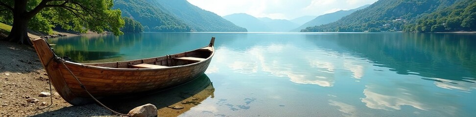 Obraz premium A rustic wooden boat docked on the shore of a serene lake, border, serene