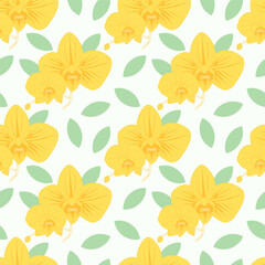 seamless pattern with flowers. Yellow orchids with green leaves pattern. For botany pattern, cardboard, wallpaper.