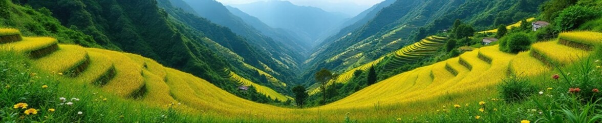 Fototapeta premium Steep slope with rice terraces and wildflowers, agriculture, agricultural practices