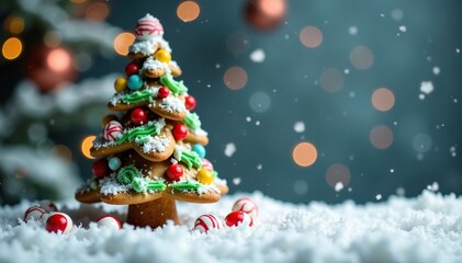Fototapeta premium Snowy winter scene with a small gingerbread Christmas tree decorated with colorful icing candies on a festive background, festive, snow, icing