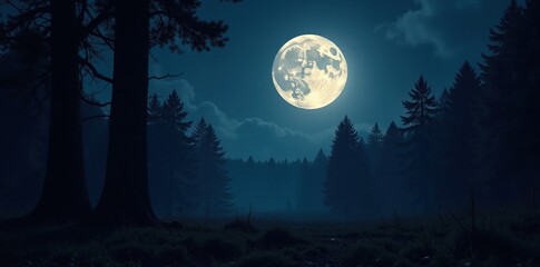 A full moon rises above a dark forest, casting an eerie glow on the trees, lunar cycle, forest floor, darkness