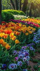Vibrant Spring Garden Path with Colorful Tulips and Pansies for Nature-Inspired Designs