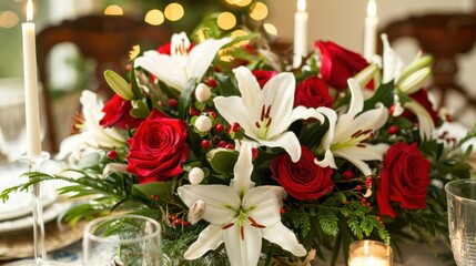 Elegantly Arranged Christmas Floral Centerpiece with Red Roses and White Lilies for Festive Decor