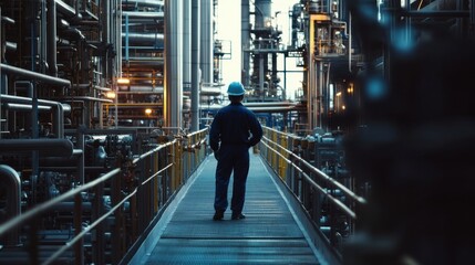An atmospheric shot of a refinery engineer inspecting pipelines and valves in an oil refinery, Refinery inspection scene, Industrial maintenance style