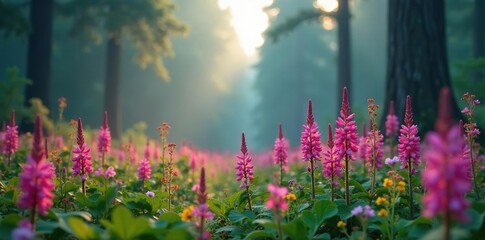 Obraz premium Fireweed blooms in spruce forest with soft focus atmosphere, fog, forest