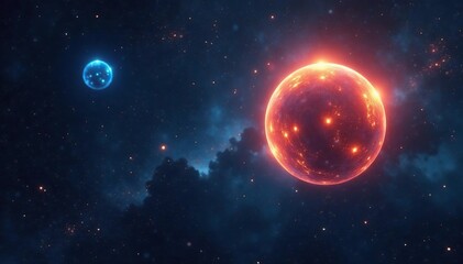 Obraz premium Orange and blue glowing orbs suspended in the darkness of space, galaxies, space, nebulas