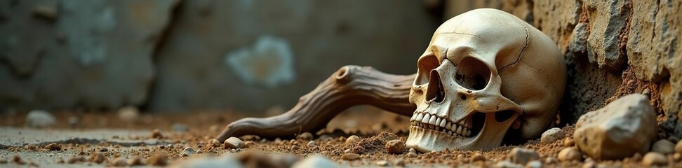 Naklejka premium Skull with gnarled wooden limb leaning against stone wall, dirt, skull