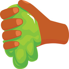 Child's hand squeezing a slimy toy, having fun with a sticky substance