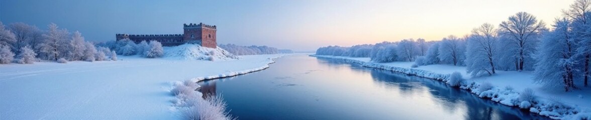 Cold winter landscape with frozen Neva river at Oreshek fortress, snow, snow-covered