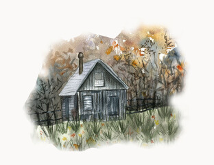 Watercolor Illustration of a Small House in the Forest