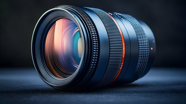 Camera lens closeup, dark background, photography equipment