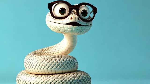 A bespectacled snake stands upright against a bright green background in a more lively and action-like pose.