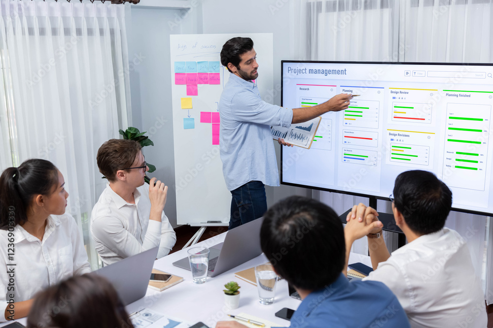 Leinwandbilder Project manager communicate and collaborate with team using project management software display on monitor, tracking progress of project task and making schedule plan at meeting table. Prudent