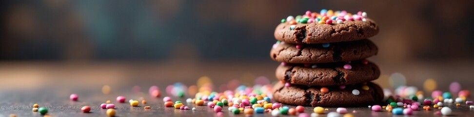 Chocolate cookie tower with sprinkles and a side of ice cream, colorful, chocolate