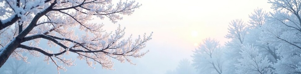 Layered branches stretch towards a soft white sky, white, frosty