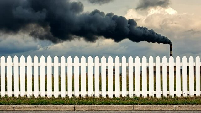 A simple, clean white fence on a deserted street, with dark smoke pouring out of industrial chimneys in the background.
