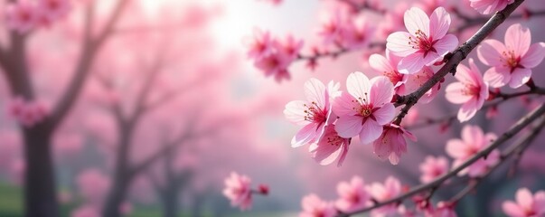 Obraz premium Soft pink blossoms fall gently from cherry tree branches, woodsy, sakura trees