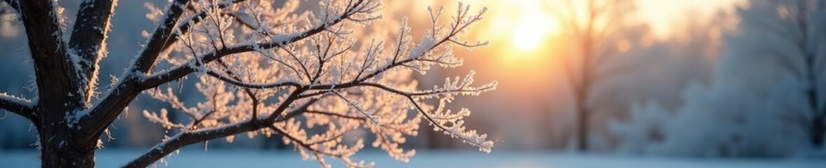 a bare tree with delicate frost-covered branches in morning sunlight, frosty, shimmering, soft