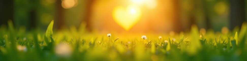 Soft focus highlights a serene spring scene with a radiant heart-shaped sun shining over greenery, Serene, Heart shape