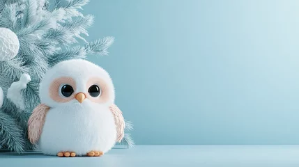 Fotobehang Dierenarts Cute fluffy owl plush toy displayed next to a white tree on a light blue background during the winter holiday season  © Vasyl
