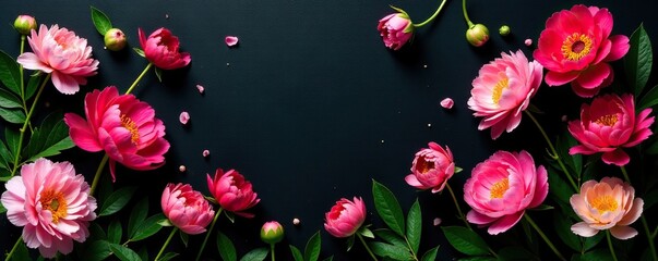 Colorful peony blooms scattered around lush greenery on a black canvas, flowers in garden, flowers
