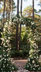 Fototapeta premium Enchanting Garden Wedding Ceremony with White Rose Arch Under Lush Trees for Romantic Celebrations