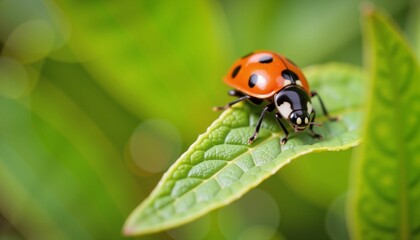 Naklejka premium Vibrant ladybug crawling on green leaf in spring garden, nature's beauty