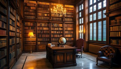 Elegant Study With Extensive Book Collection And Globe