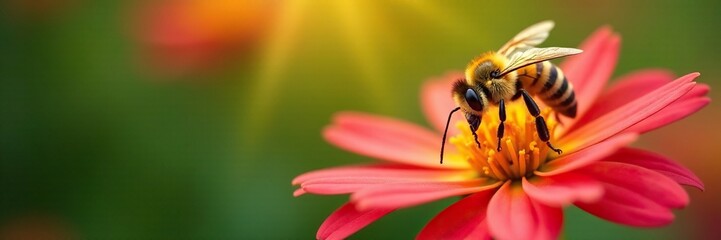 Honey bee with long tongue dipping into a colorful flower, insects, nectar, honey