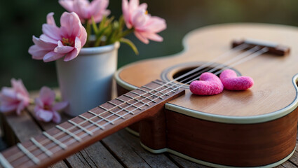 A guitar with pink hearts on it is surrounded by flowers in a vase. Concept of love and romance