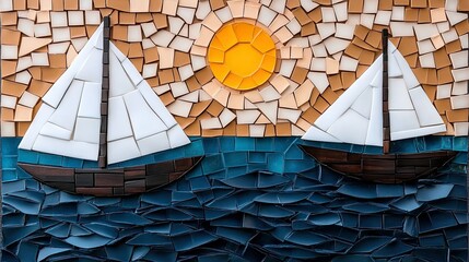 Mosaic artwork depicting two sailboats against a vibrant sun and ocean background in a coastal setting