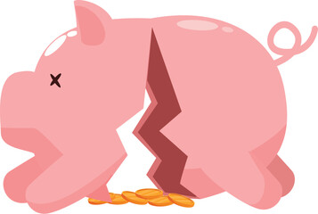 Pink piggy bank cracking and losing coins, illustrating financial crisis and economic hardship