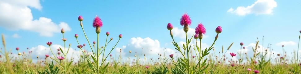 Obraz premium Overhead shot of three stems of blooming heather in a field with a clear blue sky, landscape, wildflowers, flowers