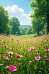 A field of pink wildflowers sways in the gentle breeze amidst a lush green meadow and towering trees, blossoms, nature