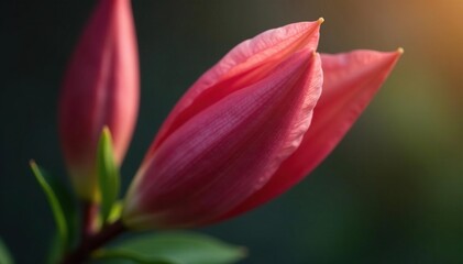 Naklejka premium Delicate pink bud unfolding on a crimson lily stem, foliage, petal