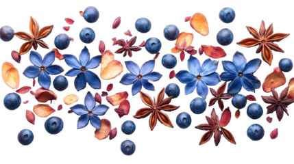 Blue Flowers with Star Anise Autumn Floral Design, Dried Berries for Background Decor, isolated on transparent background.