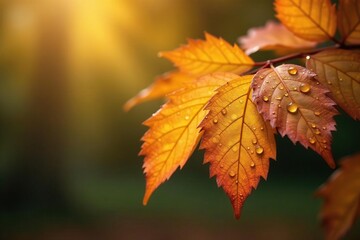 Fototapeta premium Golden brown leaves with water droplets glistening on their surface, nature, foliage