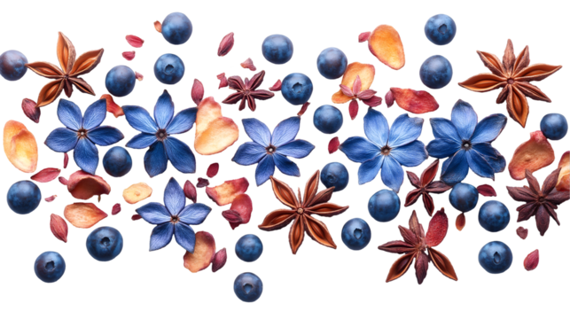 Blue Flowers with Star Anise Autumn Floral Design, Dried Berries for Background Decor, isolated on transparent background.