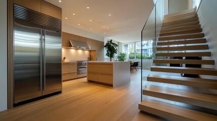 Modern Kitchen and Floating Staircase Interior Design