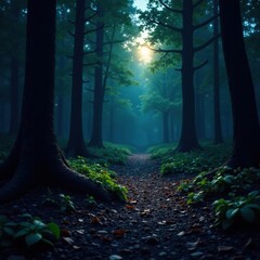 Dark forest floor with twigs and leaves under moonlight, environment, leaves