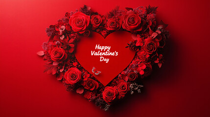 A red background with the words "Happy Valentine's Day" written in white, surrounded by roses and hearts.