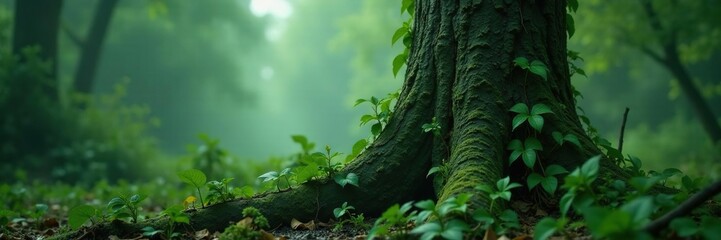 Fototapeta premium Dark green creeper vines curled around a decaying tree trunk in a misty environment, decay, overgrown