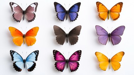 Colorful display of various butterfly species arranged in a grid on a white background, showcasing their unique patterns and colors, ideal for educational or decorative purposes