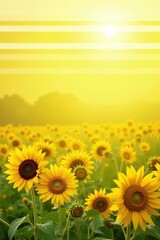 Obraz premium A field of sunflowers against a bright sunny yellow and white striped wallpaper background, bloom, landscape, flowers
