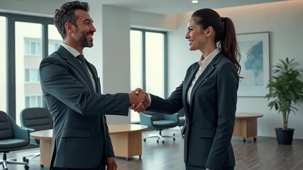  A close up of  two happy business professionals shaking hands, emphasizing cooperation and mutual agreement in a corporate environment