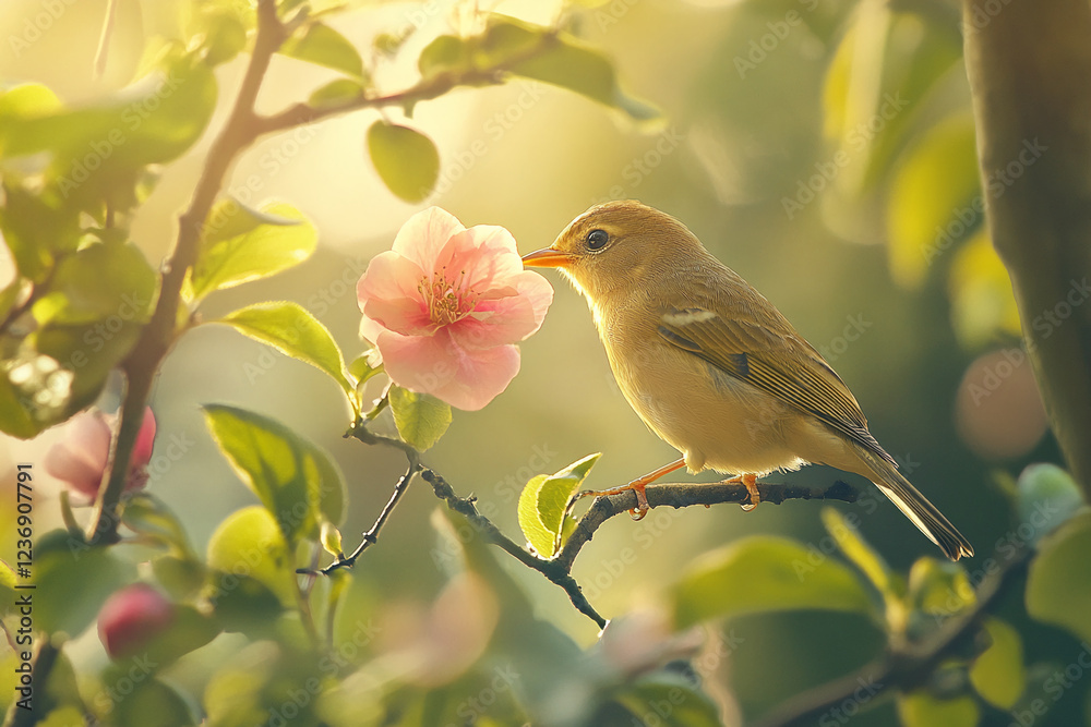 Poster a bird perched on a branch of a flowering tree, capturing the peaceful moment as the bird interacts 