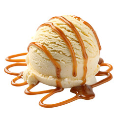 Tasty ice cream ball with caramel sauce on white background