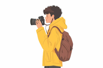 Fototapeta premium A variety of cameras and optics including digital cameras, DSLRs, mirrorless cameras, and camera lenses in an animated style.