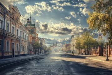 Obraz premium Historic street lined with trees and buildings under a cloudy sky in the late afternoon