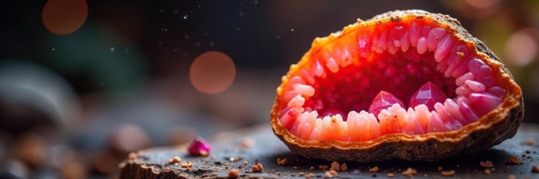 Fiery red geode with embedded crystal ruby and quartz, orange, geode, natural formations